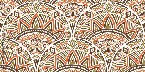 Seamless African pattern with scallop shape. Savanna tribal vector ornament. Hand drawn ethnic carpet with weave. Modern geo print on textile. Ancient rug design for bohemian interior.