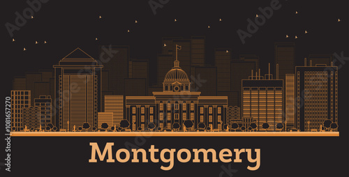 Outline Montgomery Alabama City Skyline with orange Buildings. Business Travel and Concept with Modern Architecture. Montgomery Cityscape with Landmarks.