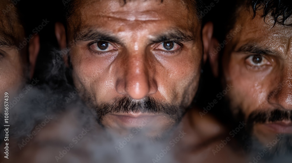A close up of a man's face with smoke coming out of his mouth A close up of a man's face with smoke coming out of his mouth