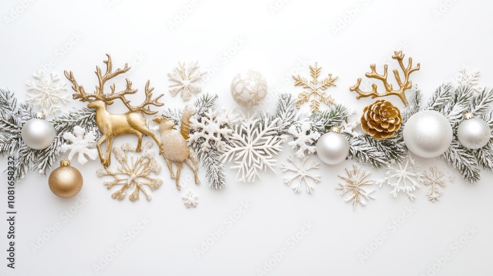 Fototapeta premium Festive christmas and new year background with top view of elegant holiday decorations including glittering christmas balls, sparkling snowflakes, and reindeer ornaments on a clean white background, p