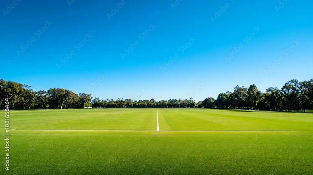 Obraz premium A cricket pitch with grassy outfield, outdoor setting with clear blue sky, Natural style