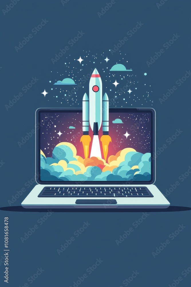 A digital illustration of a rocket launching from a laptop screen, symbolizing innovation, technology, and exploration. A digital illustration of a rocket launching from a laptop screen, symbolizing innovation, technology, and exploration.