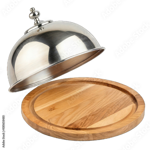 Silver serving cloche raised above empty wooden transparent background.