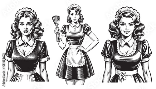 maid pin-up girl vintage style drawing vector illustration