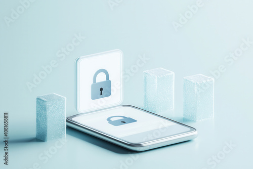 Secure mobile app interface with lock symbol and ice blocks. This conveys sense of protection and security in digital environments