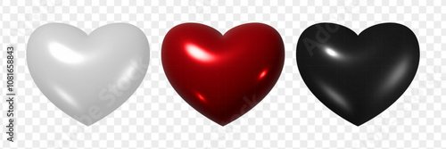 3d heart set. White, black and red love symbol. Realistic Valentine's Day elements collection isolated on transparent background