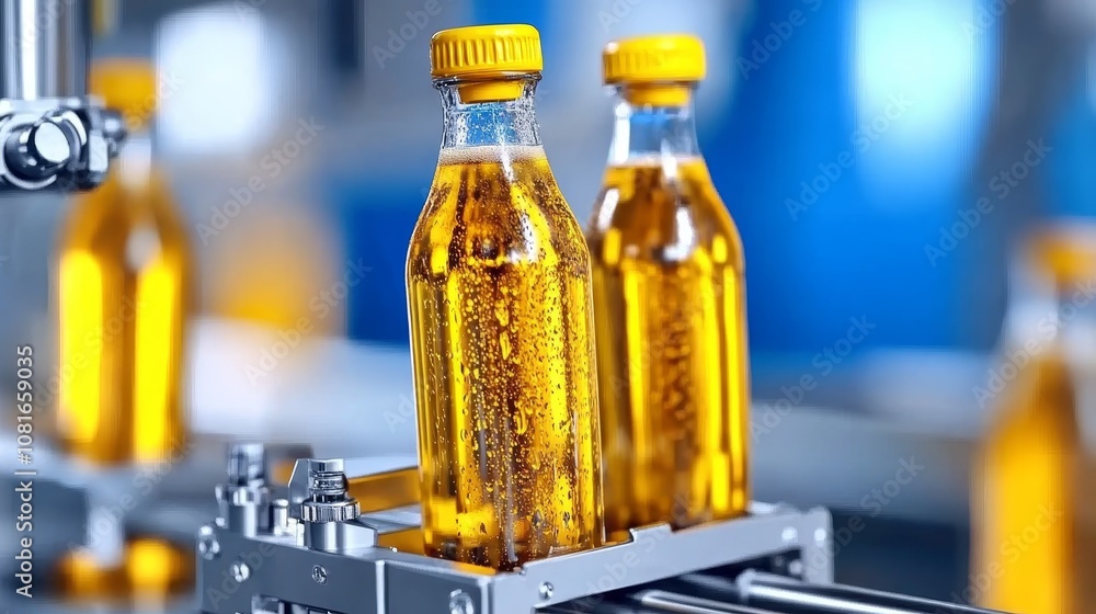 Glass Bottles on Conveyor Belt in Production Line Food and Beverage Manufacturing Glass Bottles on Conveyor Belt in Production Line Food and Beverage Manufacturing