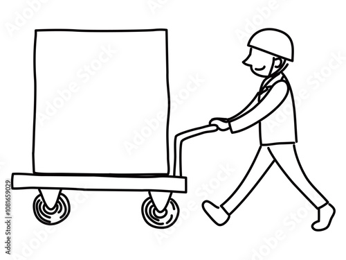 台車で大きな荷物を運ぶ人の線画イラスト