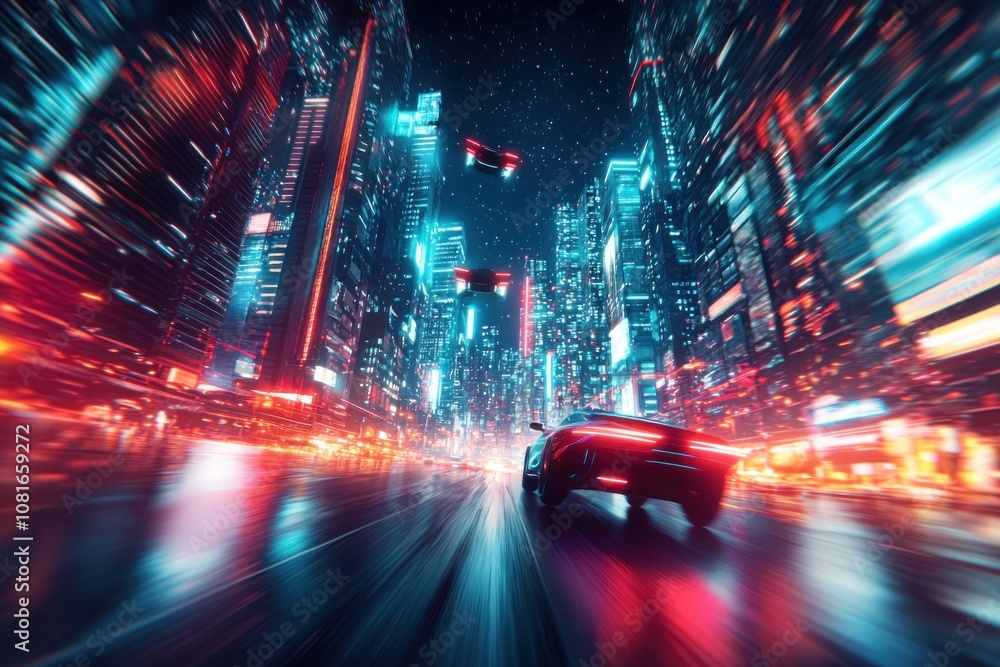 Futuristic car race neon city digital art urban environment motion blur high-speed adventure Futuristic car race neon city digital art urban environment motion blur high-speed adventure