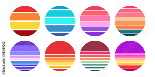 Free Download Beautiful color retro sunset art collection. Set of round striped shapes. Circle sunrise vintage symbol for shirts or summer flyers - GFXLoad