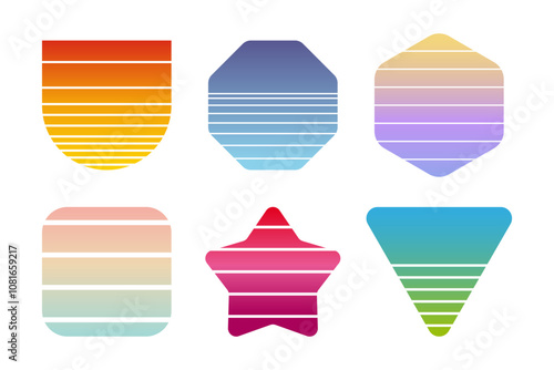 Trendy vintage art collection of retro sunset. Different geometric shapes with striped design and bright colors. T-shirt or summer poster elements 