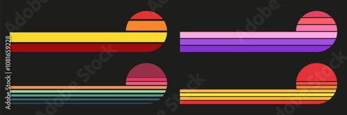 Trendy vintage sunset collection. Various colorful striped sunrise horizontal badges set. Retro style stripes 