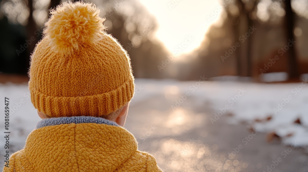 A child wearing a yellow hat and jacket in the snow A child wearing a yellow hat and jacket in the snow