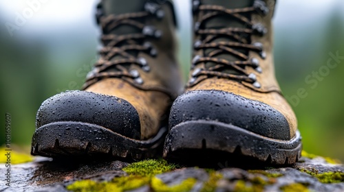 A pair of hiking boots sitting on top of a rock