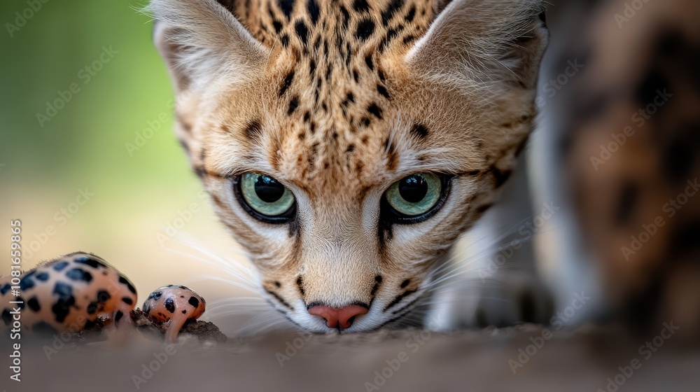 A close up of a cat with green eyes looking at a ladybug A close up of a cat with green eyes looking at a ladybug