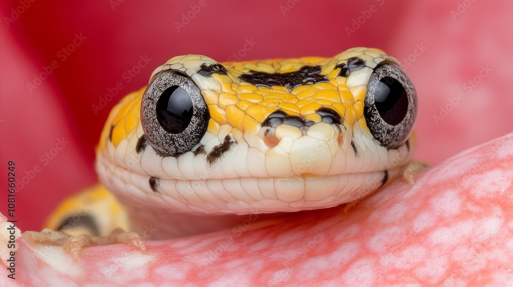 Obraz premium A close up of a yellow and black lizard on a pink flower