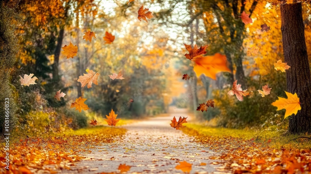 Naklejka premium A path with leaves flying in the air