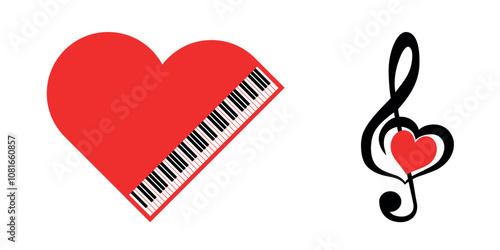 Heart-shaped grand piano. Heart with music key. Vector. Illustration