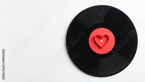 Black vinyl record with a red heart label on a white background with copy space. Flat lay composition. Valentine's Day and music love concept. Design for greeting card, poster, invitation, banner