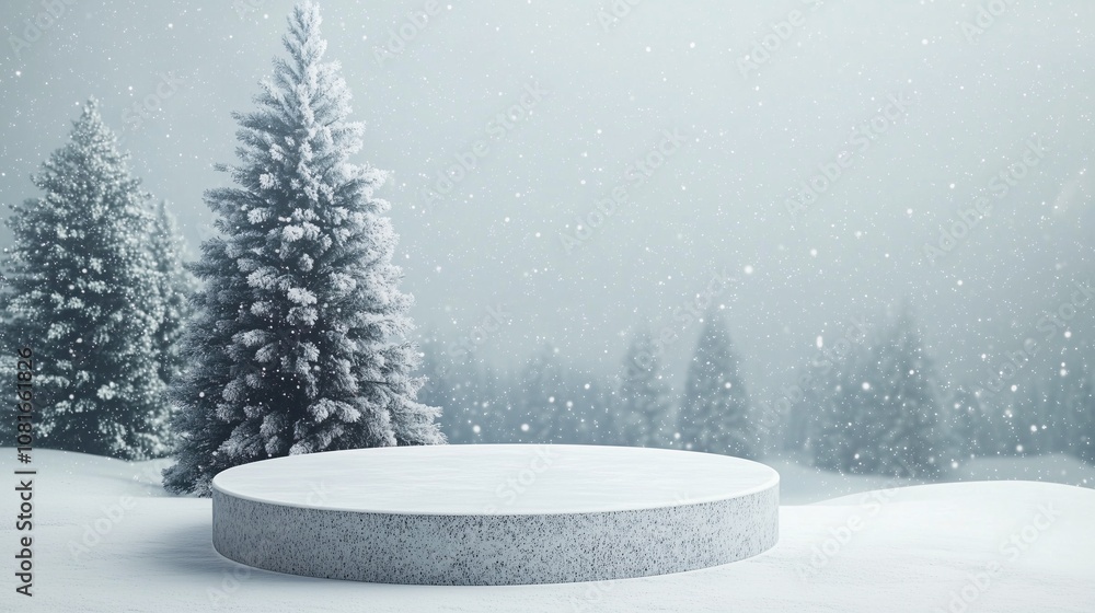 Fototapeta premium Circular Podium with Snowy Chrismast Tree Background for Product Presentation