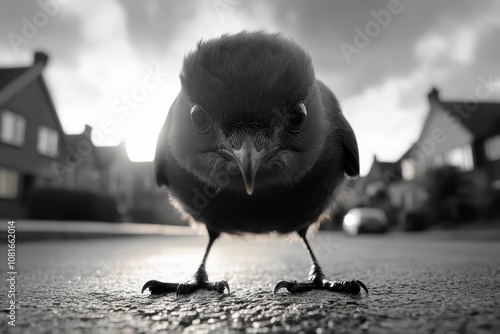 A black and white photo of a bird standing on the ground