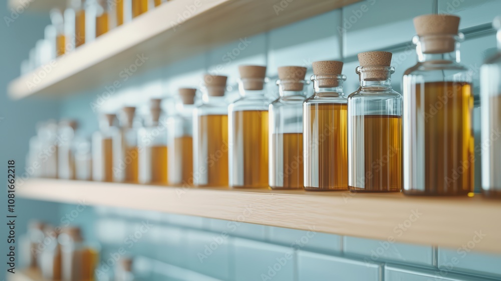 Traditional Homeopathic Tinctures in Glass Vials on Shelves - Natural Medicine and Remedies Concept Traditional Homeopathic Tinctures in Glass Vials on Shelves - Natural Medicine and Remedies Concept