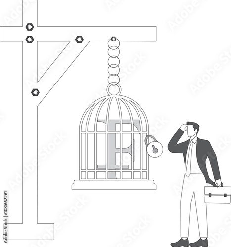 Businessman looking at a franc sign french currency in a cage