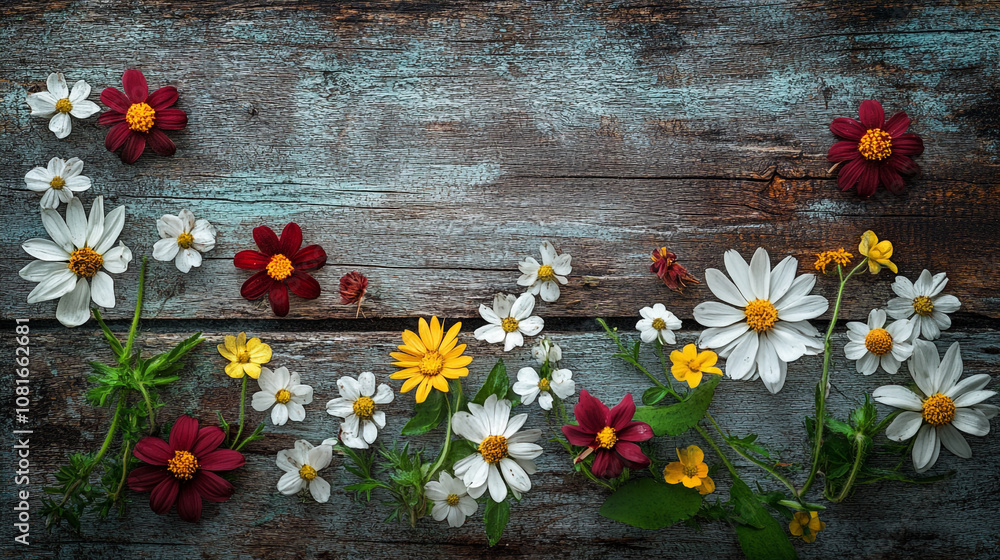 Obraz premium Colorful garden flowers arranged on a rustic wooden table during bright daylight