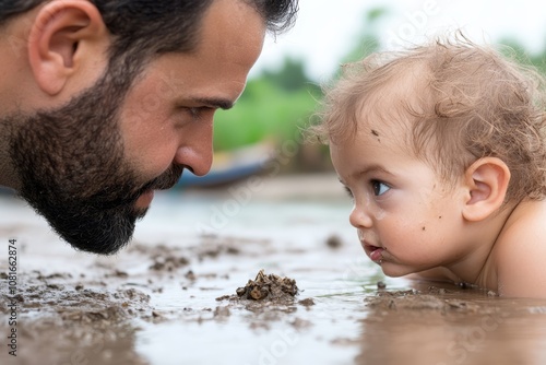 A man and a baby playing in the mud photo