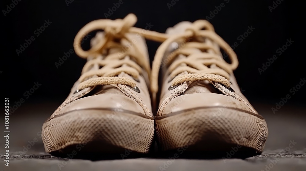 A pair of beige shoes with laces on them A pair of beige shoes with laces on them