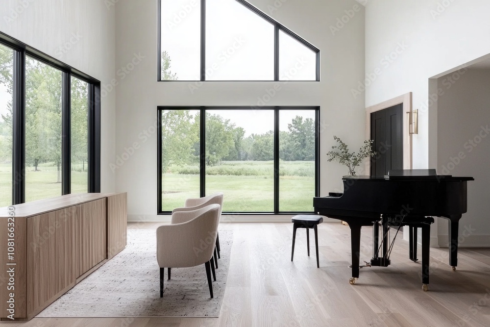 Fototapeta premium Elegant piano performance modern living room interior design bright environment wide-angle view sophisticated aesthetics