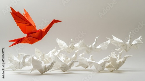 A red bird is flying in front of a flock of white birds