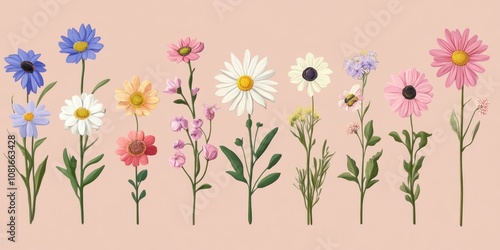 Colorful wildflowers with green stems against a pale pink background.