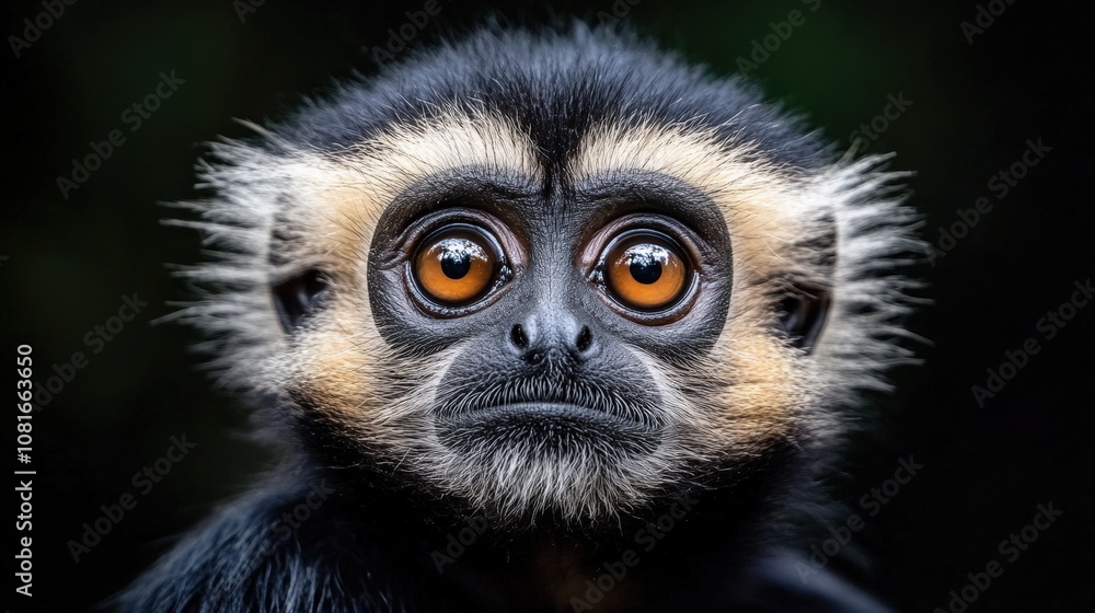 A close-up of a gibbon showcasing its expressive eyes and distinctive facial features. A close-up of a gibbon showcasing its expressive eyes and distinctive facial features.