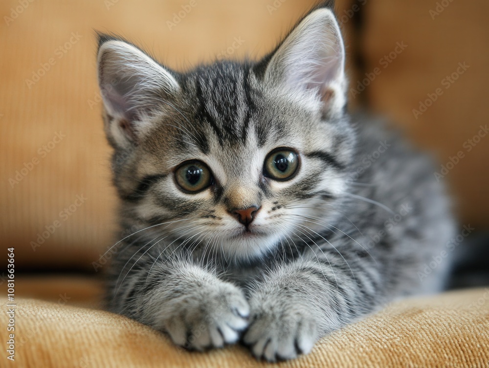 A cute gray tabby kitten lounging on a couch. A cute gray tabby kitten lounging on a couch.