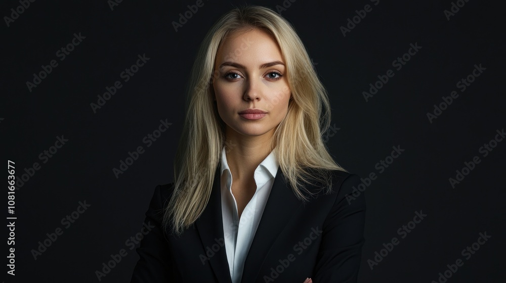 Confident blonde woman in a black suit with arms crossed, looking directly at the camera against a dark background. Confident blonde woman in a black suit with arms crossed, looking directly at the camera against a dark background.
