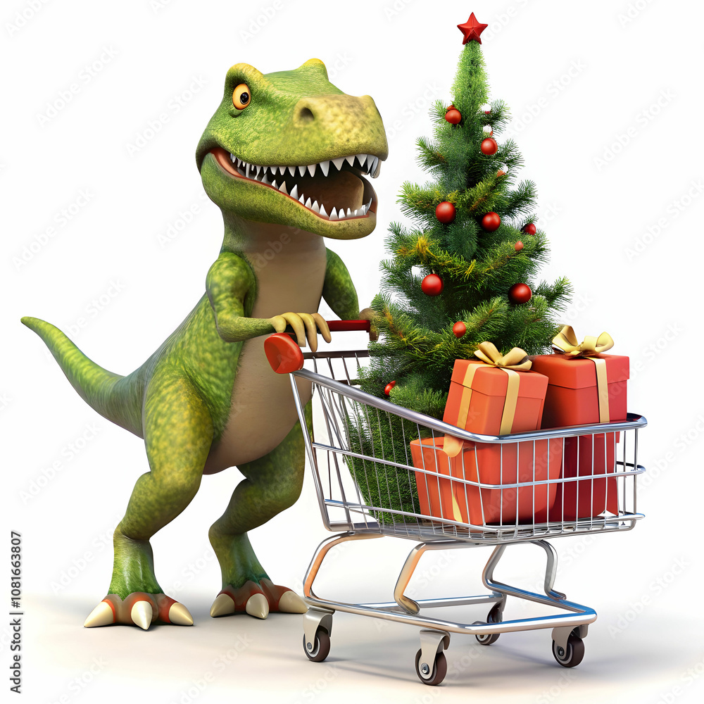 Naklejka premium Happy Dinosaur Pushing Shopping Cart with Christmas Gifts