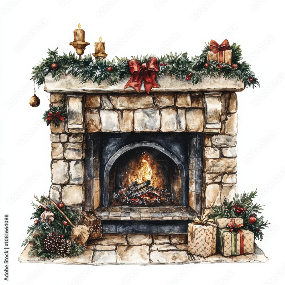 cozy stone fireplace decorated for Christmas with candles, garlands, and gifts, creating warm holiday atmosphere cozy stone fireplace decorated for Christmas with candles, garlands, and gifts, creating warm holiday atmosphere