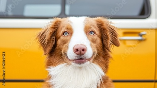 pet travel  vacation  road trip concept. A cheerful dog poses in front of a bright yellow vehicle, showcasing its friendly expression and beautiful coat. photo