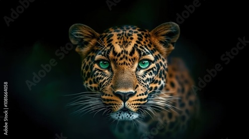 A close-up of a majestic leopard with striking green eyes.