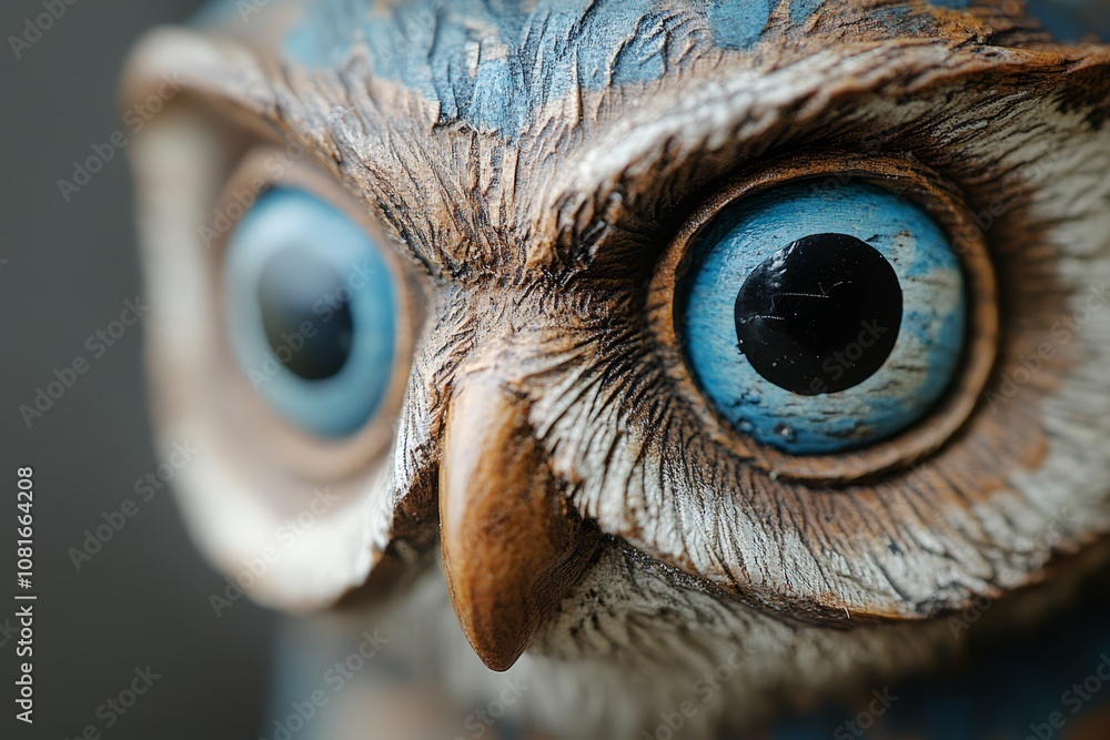 A close up of an owl's face with blue eyes A close up of an owl's face with blue eyes