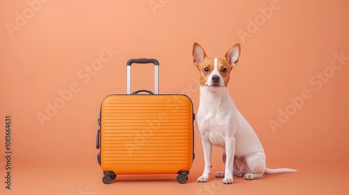 pet travel  vacation  road trip concept. A playful dog sits beside a bright orange suitcase against a warm background, ready for travel and adventure. photo