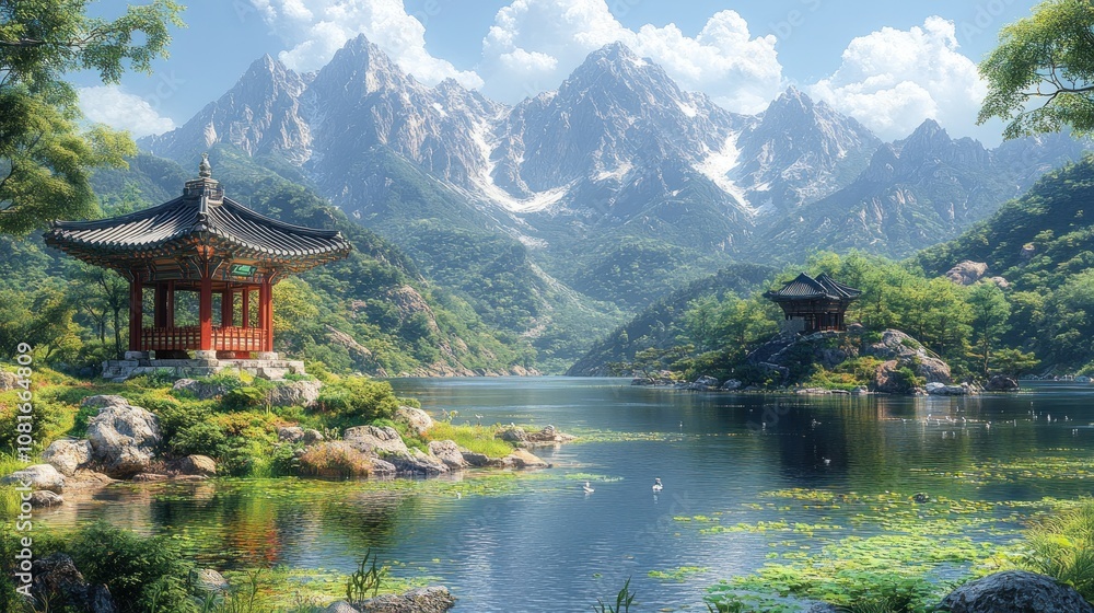 Fototapeta premium Serene landscape with mountains, lakes, and traditional pavilions.