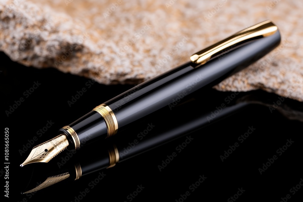 A black and gold fountain pen sitting on top of a rock A black and gold fountain pen sitting on top of a rock