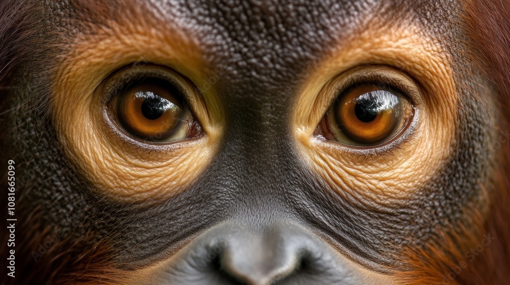 Close-up of an orangutan's expressive eyes, showcasing its unique features. Close-up of an orangutan's expressive eyes, showcasing its unique features.