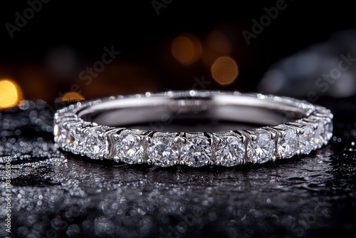 A white gold wedding band with diamonds on a black background
