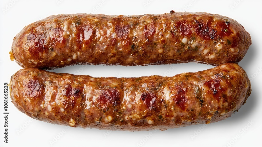 On a transparency background, a full view of a pork sausage is shown at the top. On a transparency background, a full view of a pork sausage is shown at the top.