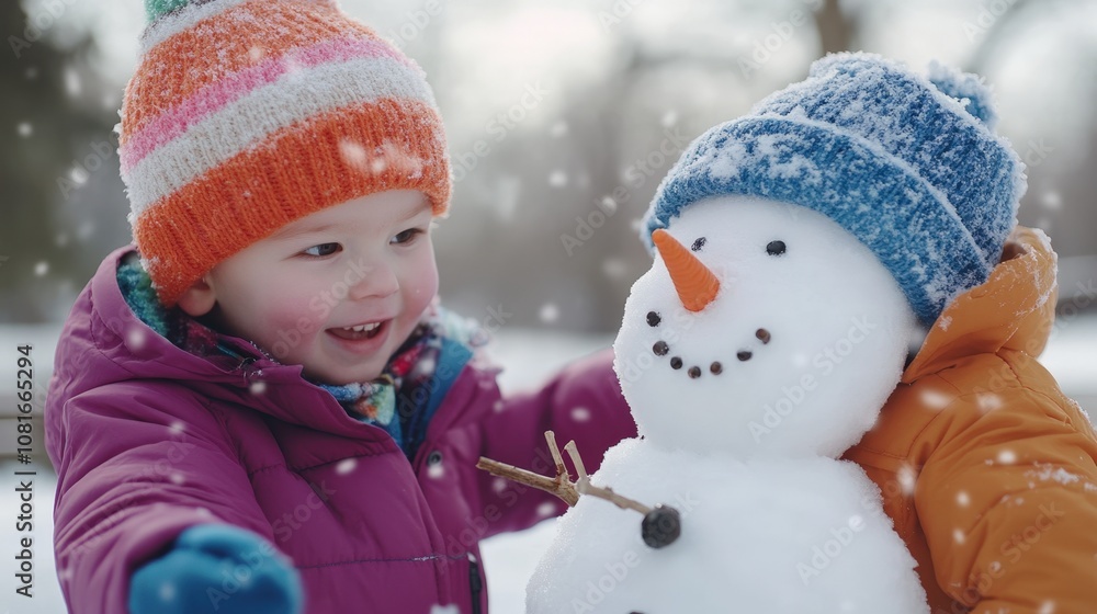 A joyful child building a snowman on a snowy day. A joyful child building a snowman on a snowy day.