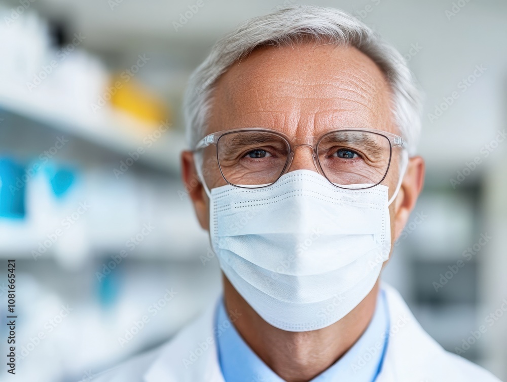 A healthcare professional wearing a mask and glasses, ready to assist patients. A healthcare professional wearing a mask and glasses, ready to assist patients.
