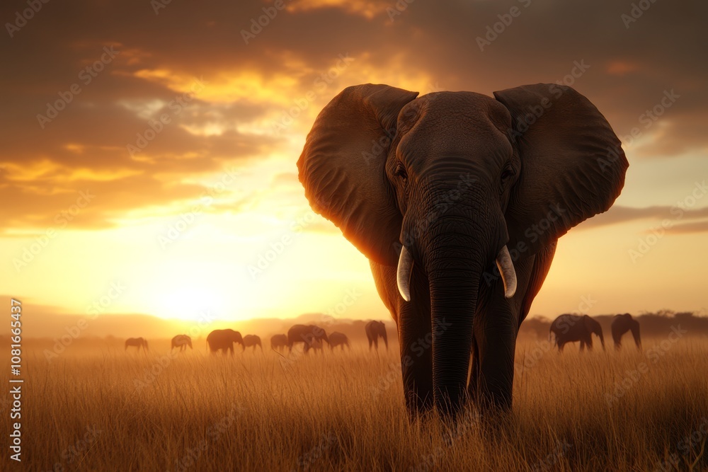 Obraz premium A large elephant standing in a grassy field with a herd of elephants in the background